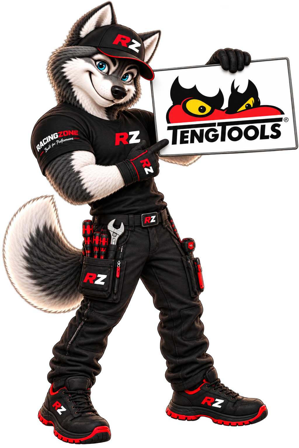 RacingZone-maskoten i mekanikerkläder med Teng Tools-skylt