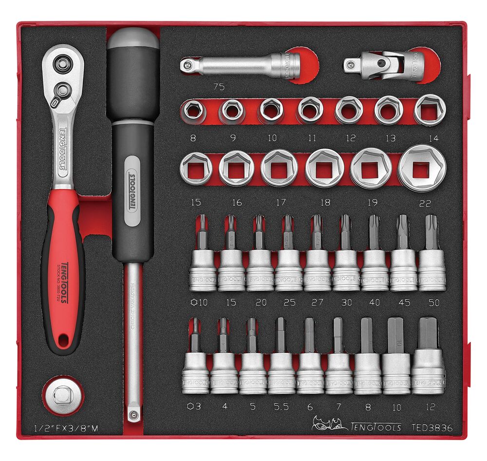 36 delars Hylsnyckelsats med 3/8'' fyrkantsfäste. Teng Tools TED3836 – bild 2