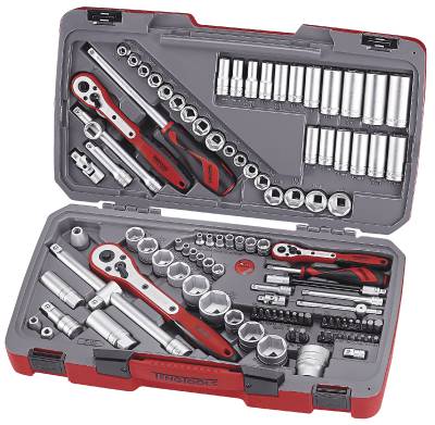 Hylsnyckelsats. Med 1/4'', 3/8'' och 1/2'' fyrkantsfäste. Teng Tools TM111