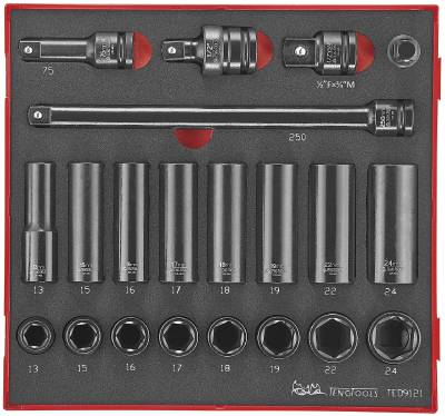 21 delars Krafthylssats med 1/2'' fyrkantsfäste. Teng Tools TED 9121